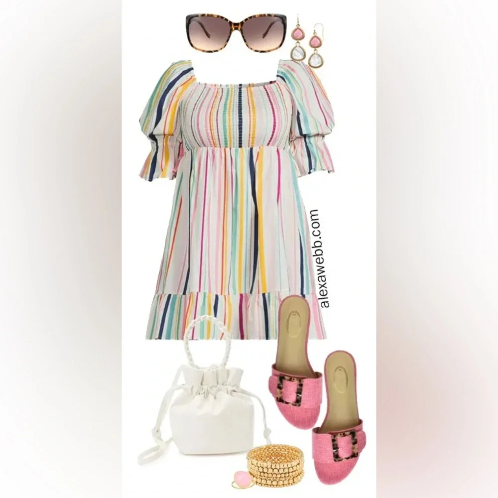 Eloquii Elements Rainbow Stripe Smocked Puff Sleeve Mini Dress Size 16 NWT - Picture 2 of 7